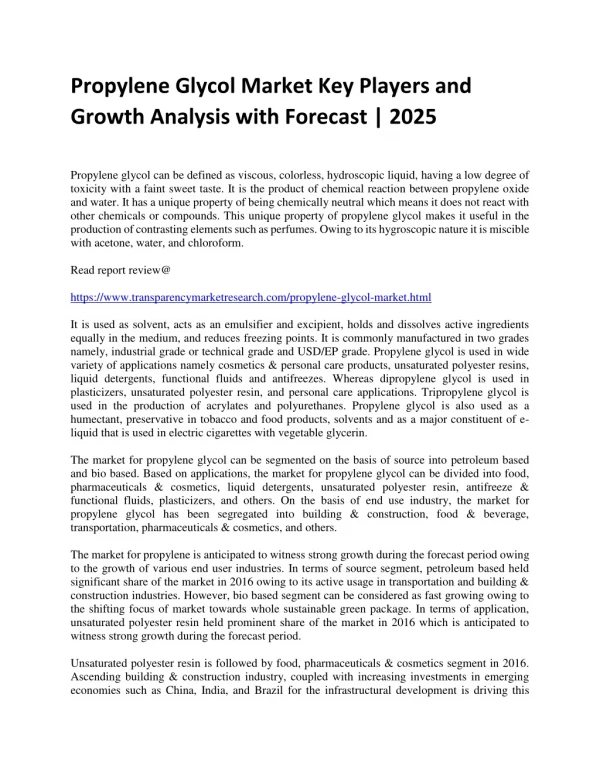 propylene glycol market key players and growth