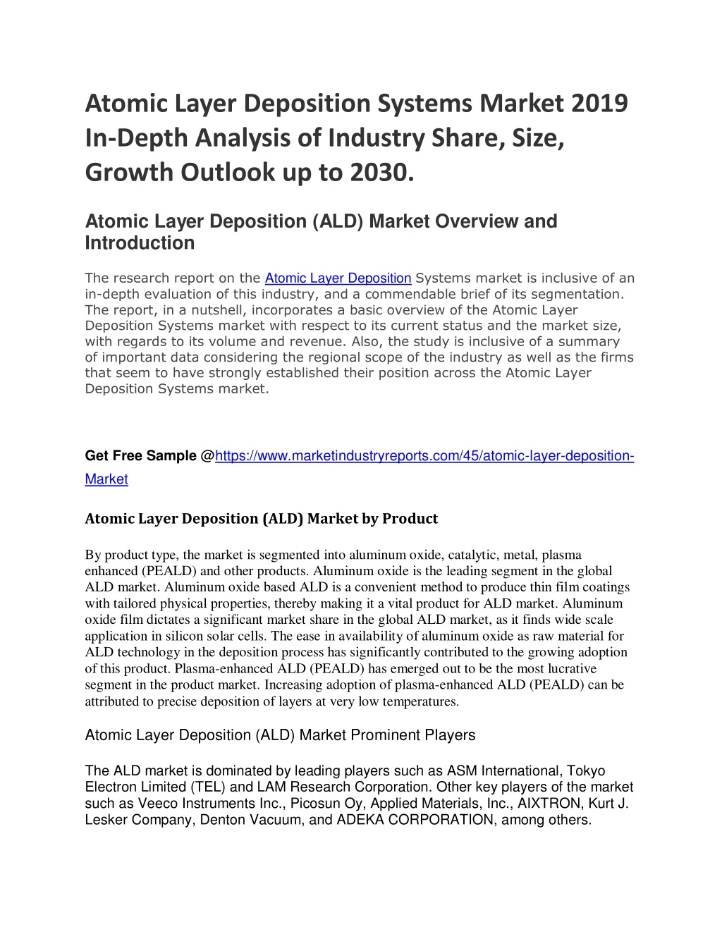 atomic layer deposition systems market 2019