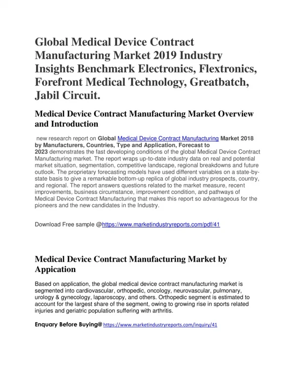 Medical Device Contract Manufacturing Market Outlook and Growth Opportunities 2019 to 2030