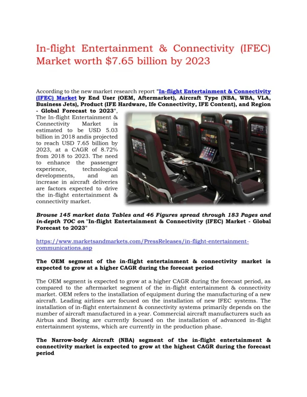 In-flight Entertainment & Connectivity (IFEC) Market worth $7.65 billion by 2023