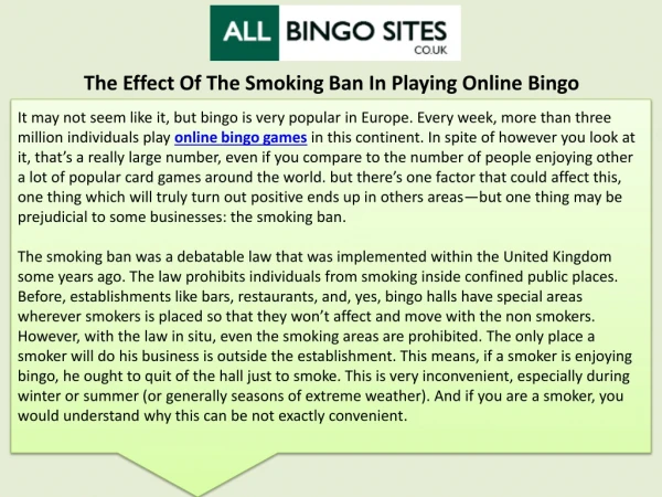 The Effect Of The Smoking Ban In Playing Online Bingo
