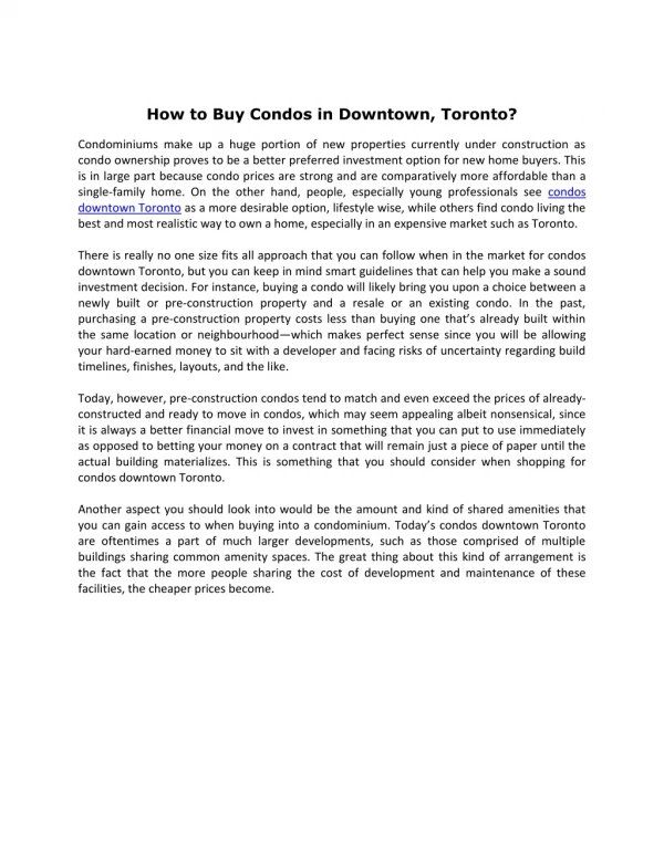 How to Buy Condos in Downtown, Toronto?