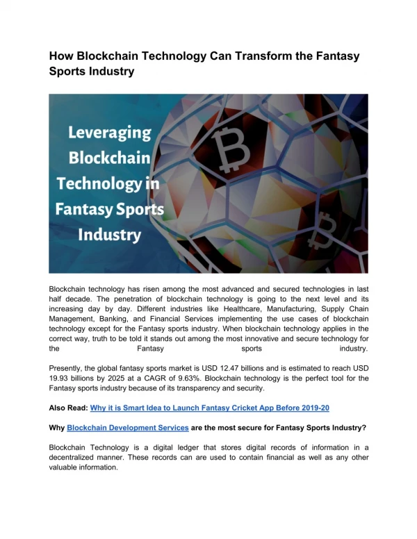 How Blockchain Technology Can Transform the Fantasy Sports Industry