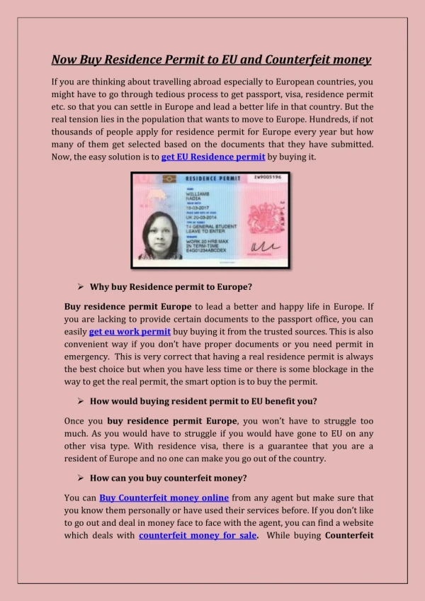 Now Buy Residence Permit to EU and Counterfeit money