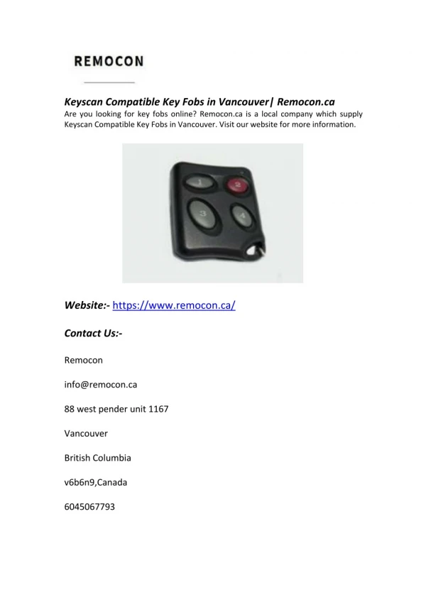 Keyscan Compatible Key Fobs in Canada | Remocon.ca