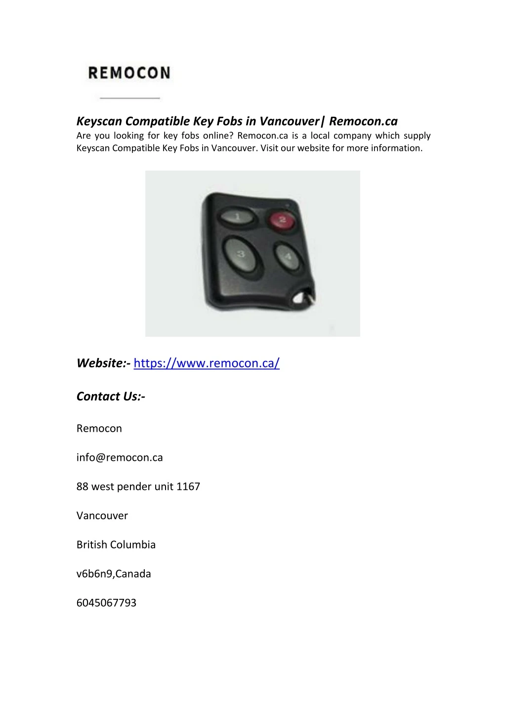 keyscan compatible key fobs in vancouver remocon