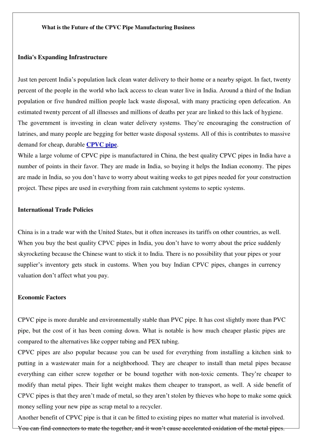 what is the future of the cpvc pipe manufacturing