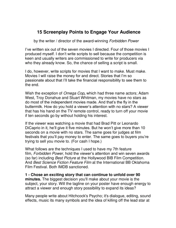 15 Screenplay Points to Engage Your Audience When You Have No Stars