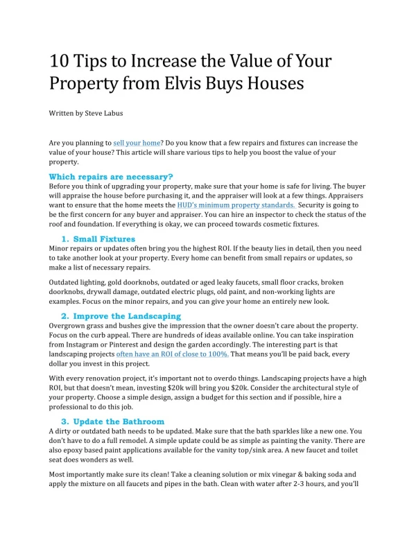 10 Tips to Increase the Value of Your Property from Elvis Buys Houses