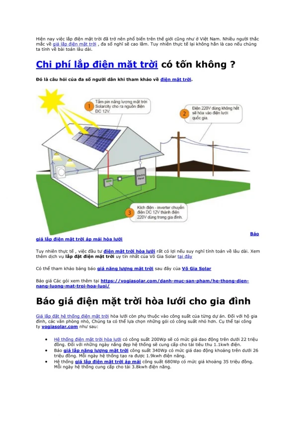 Báo giá chi phí lắp điện mặt trời tại Võ Gia Solar