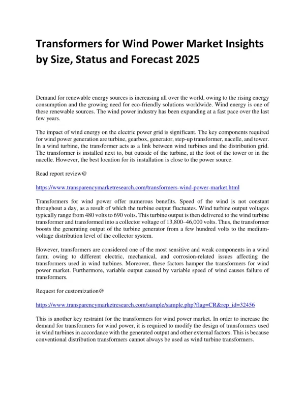 Transformers for Wind Power Market Insights by Size, Status and Forecast 2025