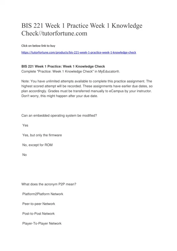 BIS 221 Week 1 Practice Week 1 Knowledge Check//tutorfortune.com