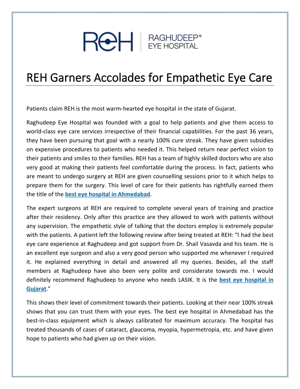 reh garners accolades for empathetic eye care