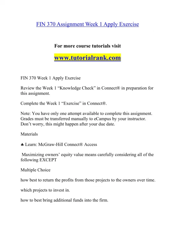 FIN 370 Social Responsibility / tutorialrank.com