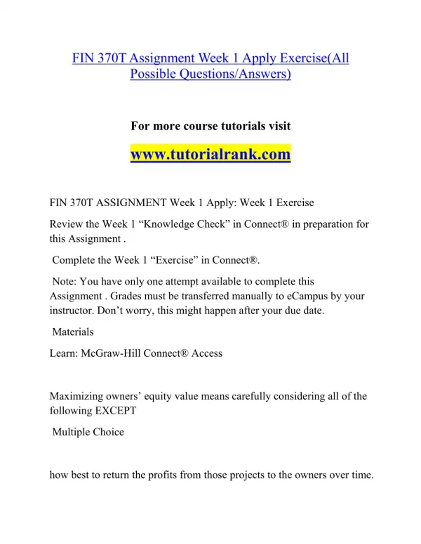FIN 370T Social Responsibility / tutorialrank.com