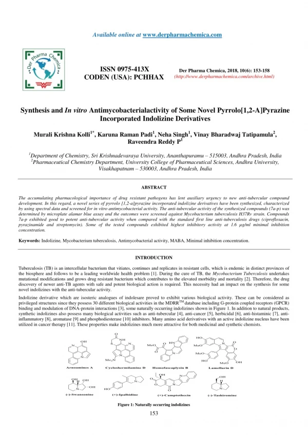 Synthesis and In vitro Antimycobacterialactivity of Some Novel Pyrrolo[1,2-A]Pyrazine Incorporated Indolizine Derivative