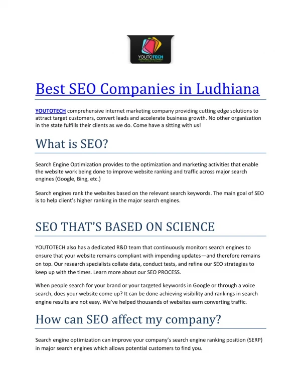 Best SEO Companies in Ludhiana (YOUTOTECH Web Mobile Development)
