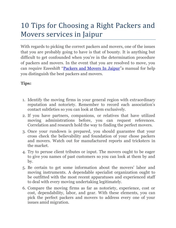 10 Tips for Choosing a Right Packers and Movers services in Jaipur