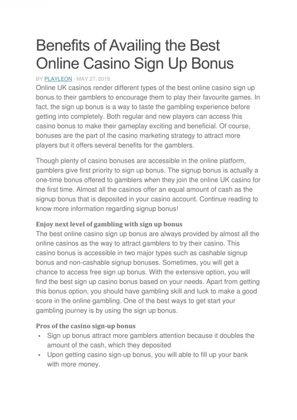 Benefits of Availing the Best Online Casino Sign Up Bonus