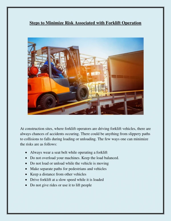 Steps to Minimize Risk Associated with Forklift Operation