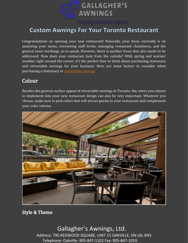 Custom Awnings For Your Toronto Restaurant