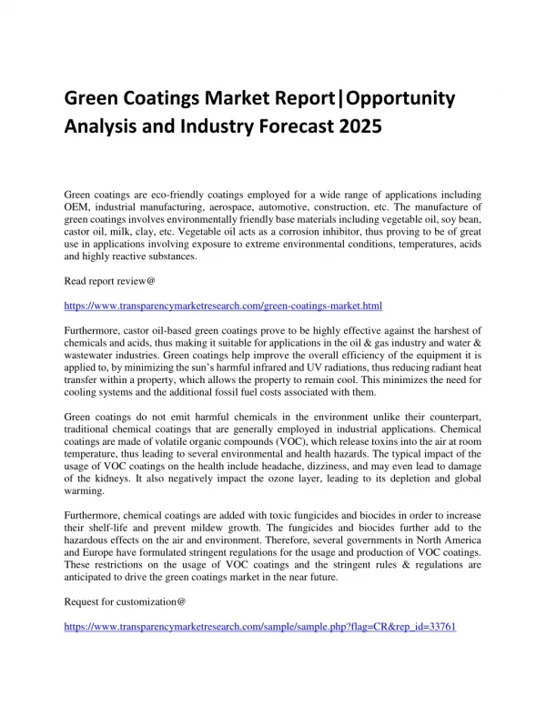 Green Coatings Market Report|Opportunity Analysis and Industry Forecast 2025