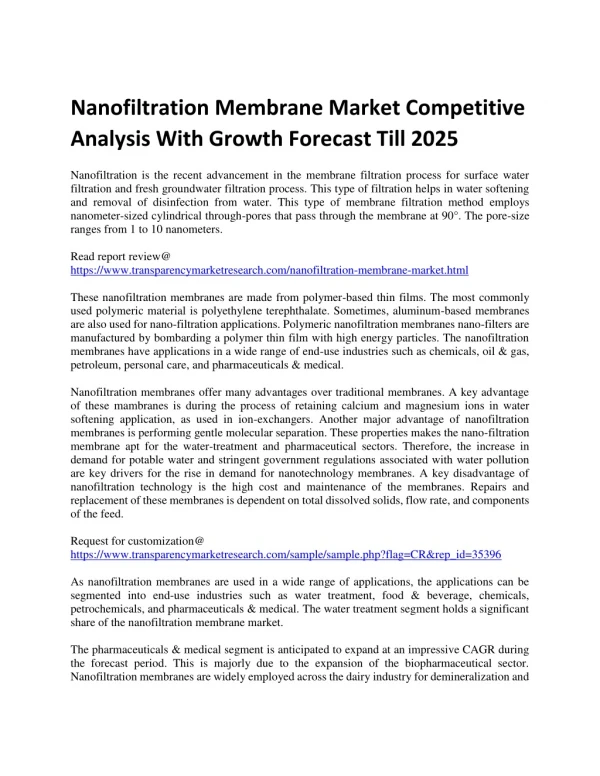 Nanofiltration Membrane Market Competitive Analysis With Growth Forecast Till 2025