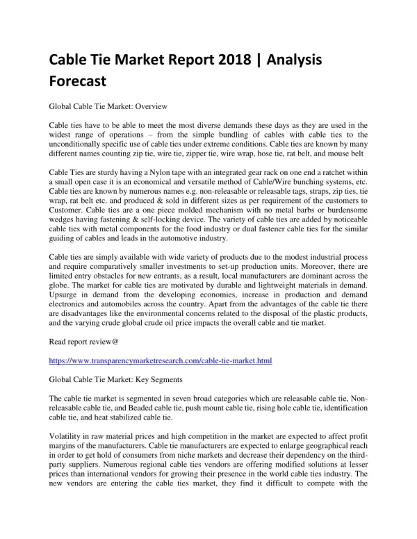 Cable Tie Market Report 2018 | Analysis Forecast