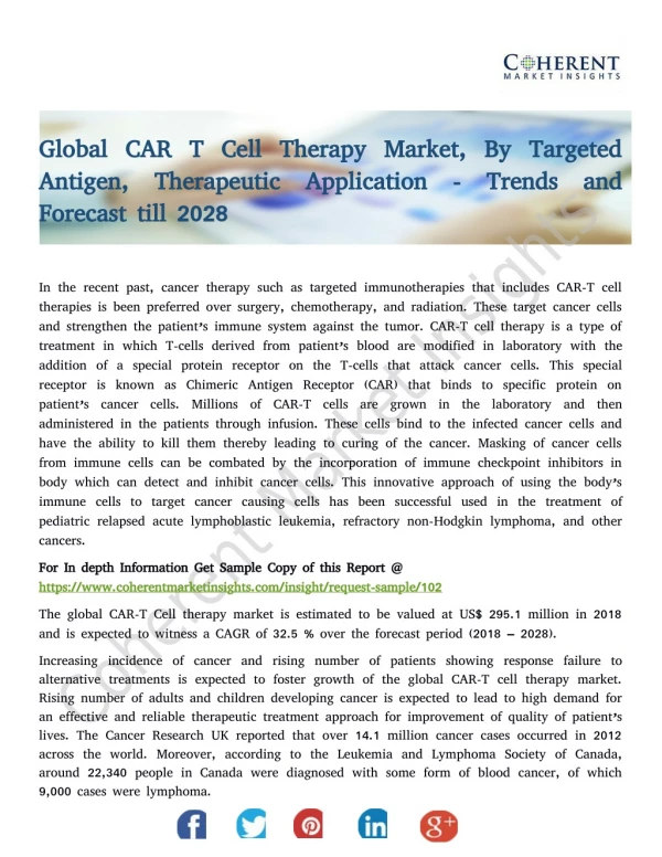 Global CAR T Cell Therapy Market, By Targeted Antigen, Therapeutic Application - Trends and Forecast till 2028