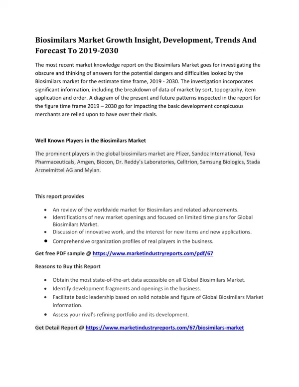 Biosimilars Market Growth Insight, Development, Trends And Forecast To 2019-2030