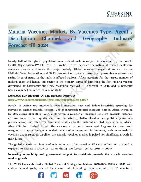 Malaria Vaccines Market, By Vaccines Type, Agent , Distribution Channel, and Geography Industry Forecast till 2024