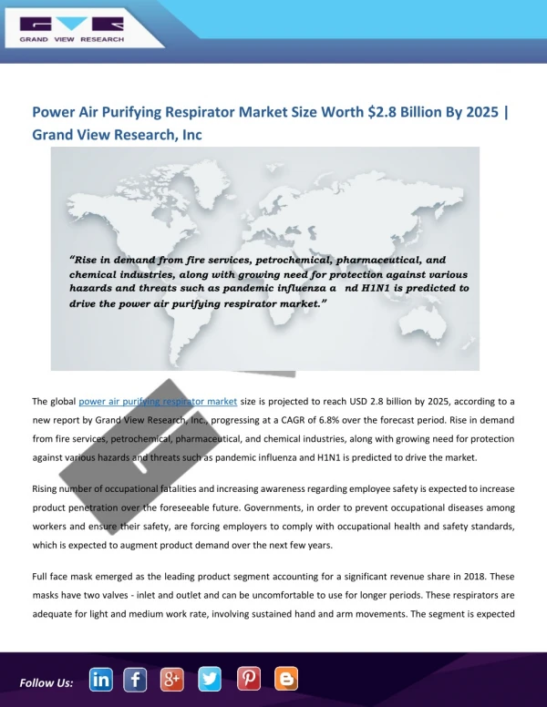 Power Air Purifying Respirator Market Predicted to Reach Beyond $2.8 Billion by 2025