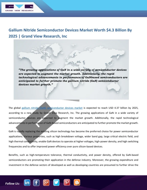 Gallium Nitride (GaN) Semiconductor Devices Market Is Anticipated to Witness Higher Demands Till 2025