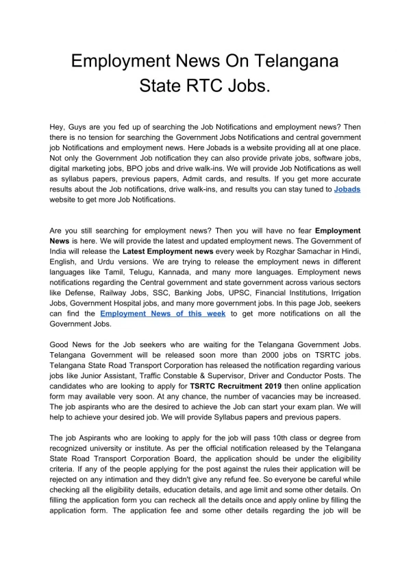 Employment News On Telangana State RTC Jobs