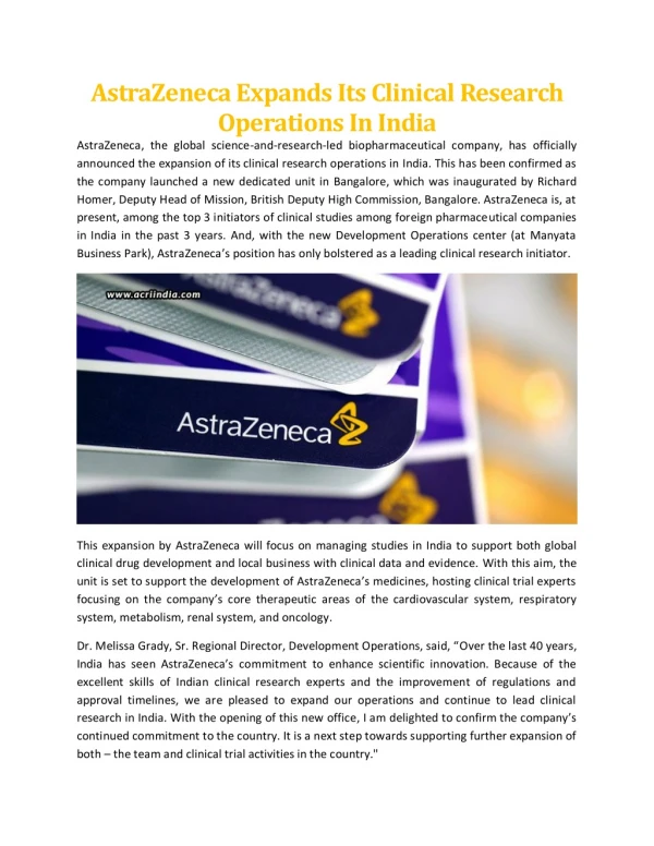 AstraZeneca Expands Its Clinical Research Operations In India - ACRI India