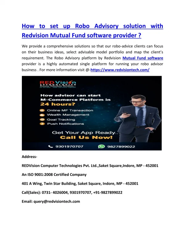 How to set up Robo Advisory solution with Redvision Mutual Fund software provider ?