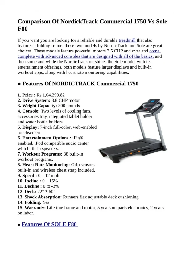 Comparison of nordick track commercial 1750 Treadmill vs sole f 80 Treadmill
