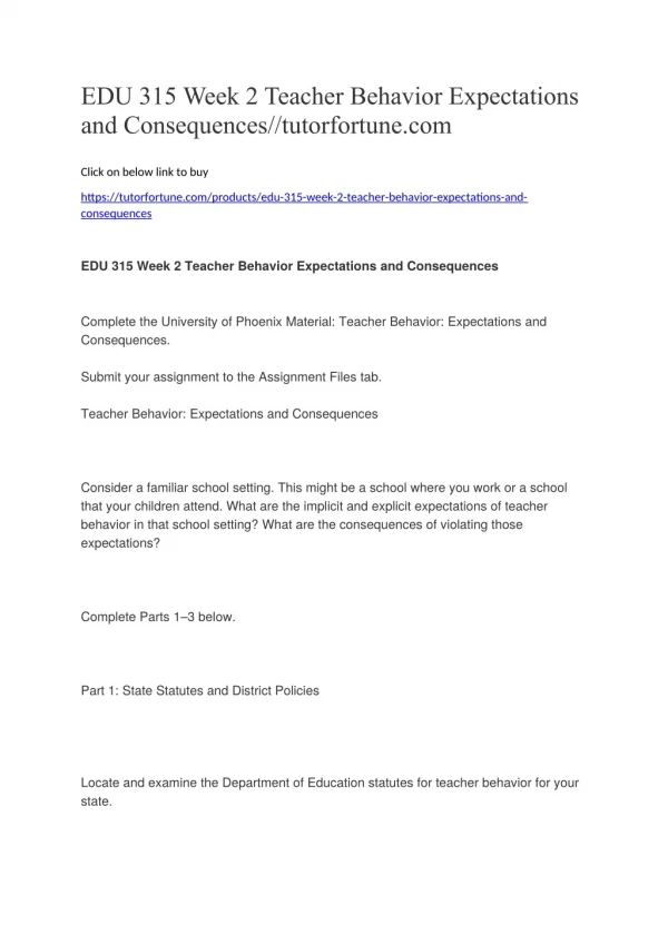 EDU 315 Week 2 Teacher Behavior Expectations and Consequences//tutorfortune.com