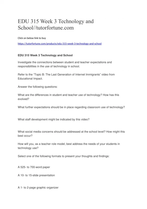 EDU 315 Week 3 Technology and School//tutorfortune.com