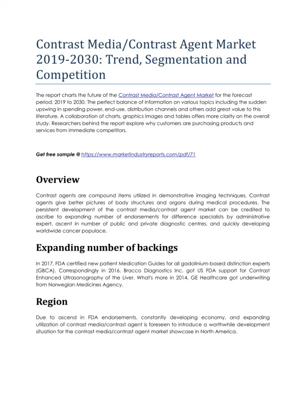 Contrast Media/Contrast Agent Market 2019-2030: Trend, Segmentation and Competition