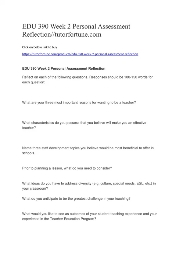 EDU 390 Week 2 Personal Assessment Reflection//tutorfortune.com