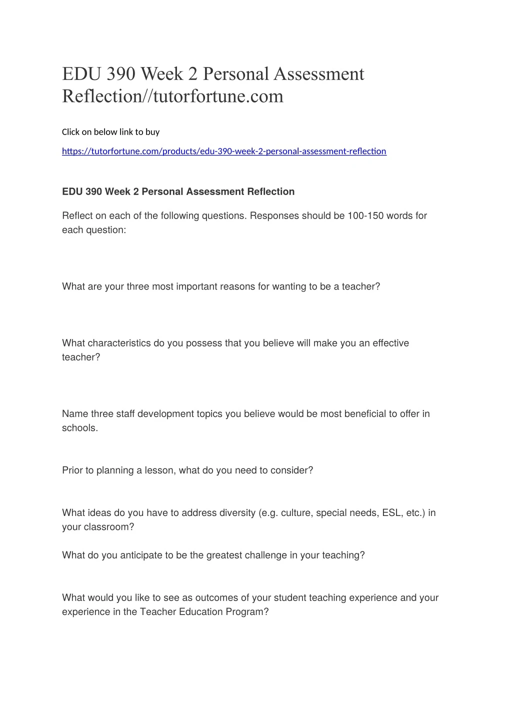 edu 390 week 2 personal assessment reflection