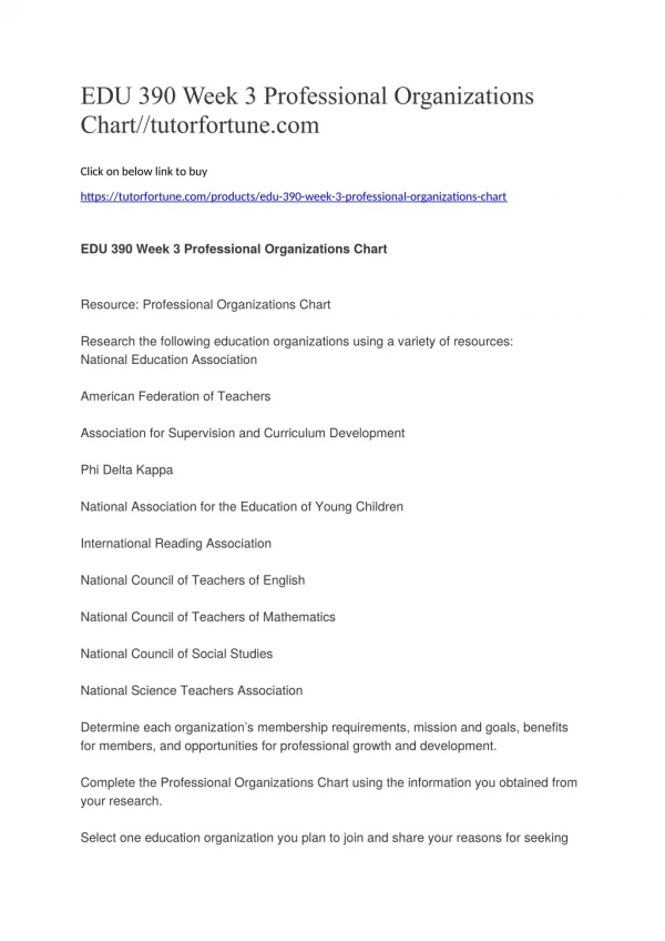 EDU 390 Week 3 Professional Organizations Chart//tutorfortune.com