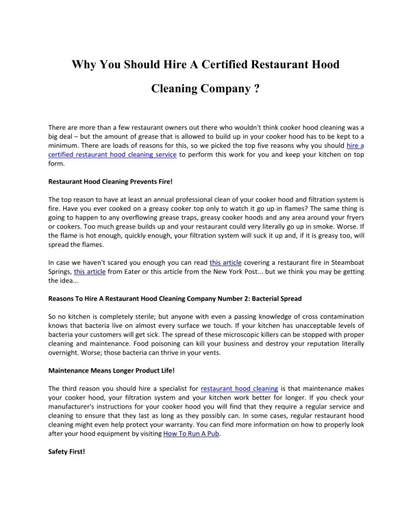 Why You Should Hire A Certified Restaurant Hood Cleaning Company ?