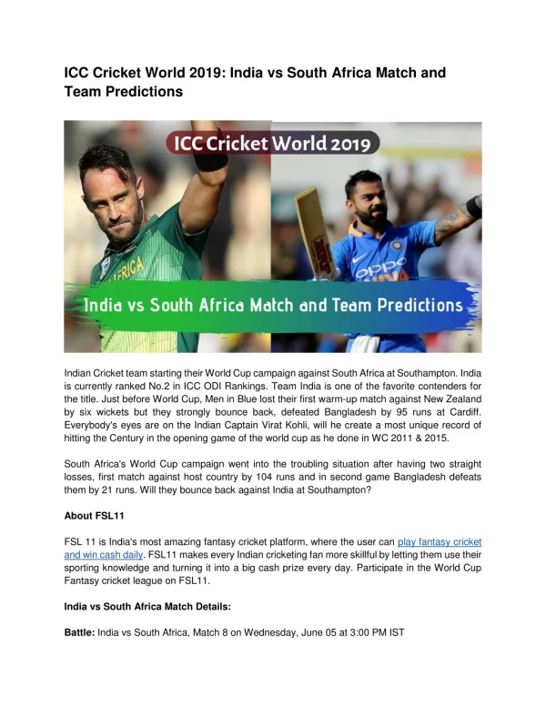 ICC Cricket World 2019: India vs South Africa Match and Team Predictions