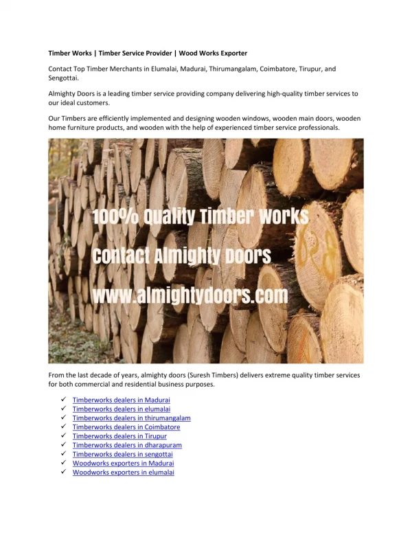 Timber Works Dealers | Timber Service Provider | Wood Works Exporter