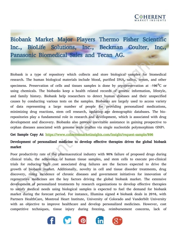 Biobank Market Major Players Thermo Fisher Scientific Inc., BioLife Solutions, Inc., Beckman Coulter, Inc., Panasonic Bi