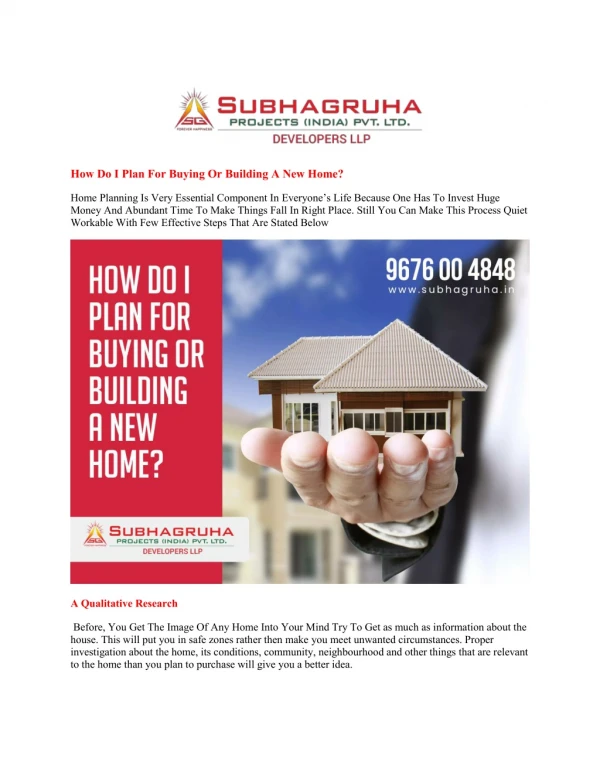 Planning For Buying Or Building Home | Subhagruha Projects