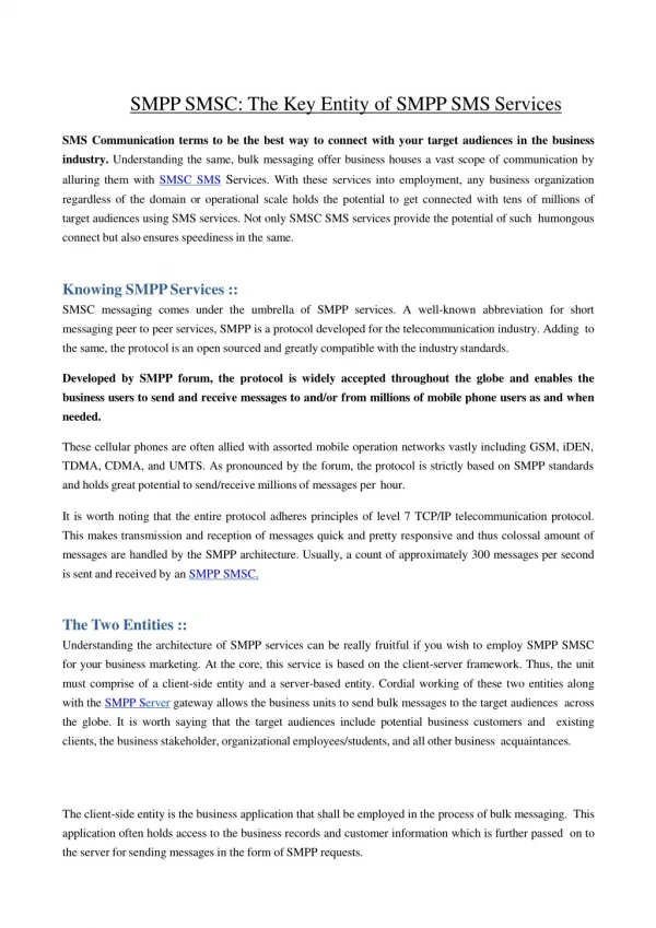 Bulk messaging with the aid of SMPP SMSC Services