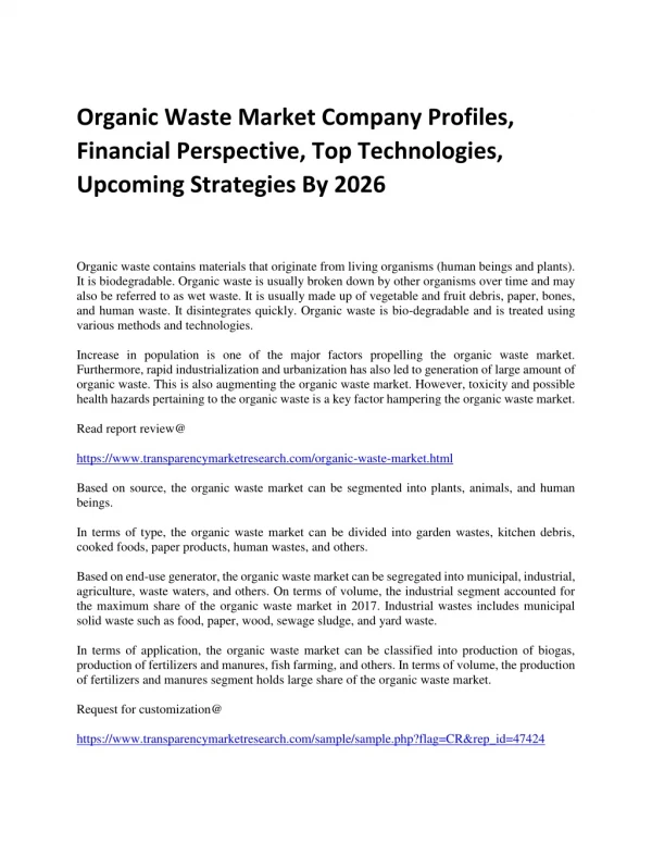 Organic Waste Market Company Profiles, Financial Perspective, Top Technologies, Upcoming Strategies By 2026 Organic Was